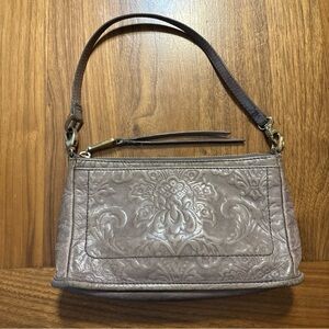 HOBO International Gray Tooled Leather Crossbody, Shoulder, Wristlet.